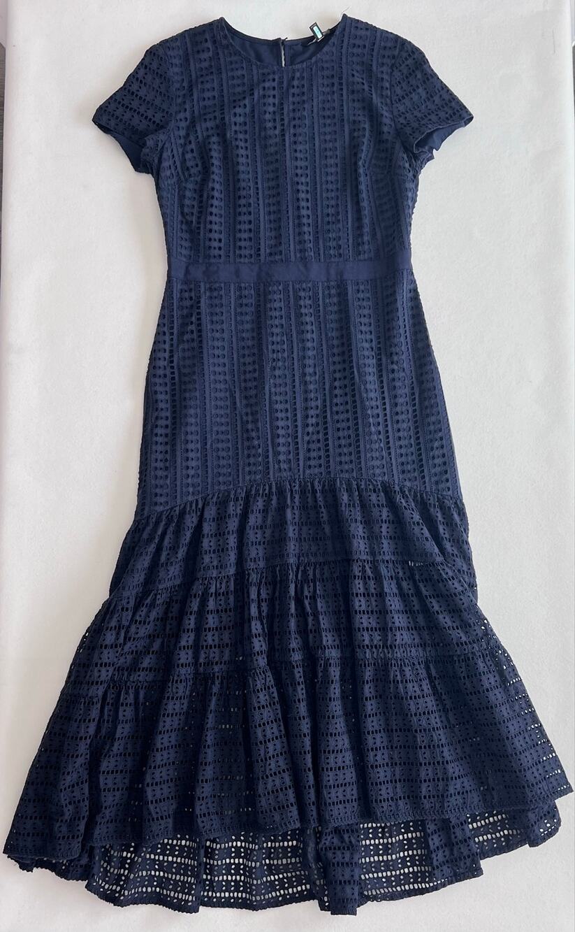 Banana Republic Eyelet Midi Maxi Dress Size 8 Navy Blue Tiered Cotton Fit Flare